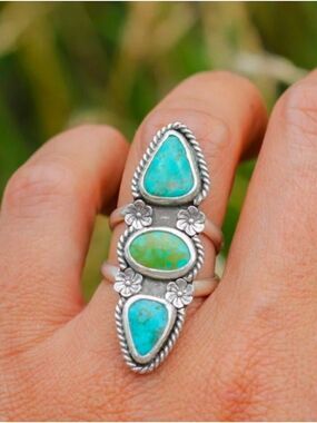 Triple Turquoise Sterling Silver Statement Ring - Blue Green